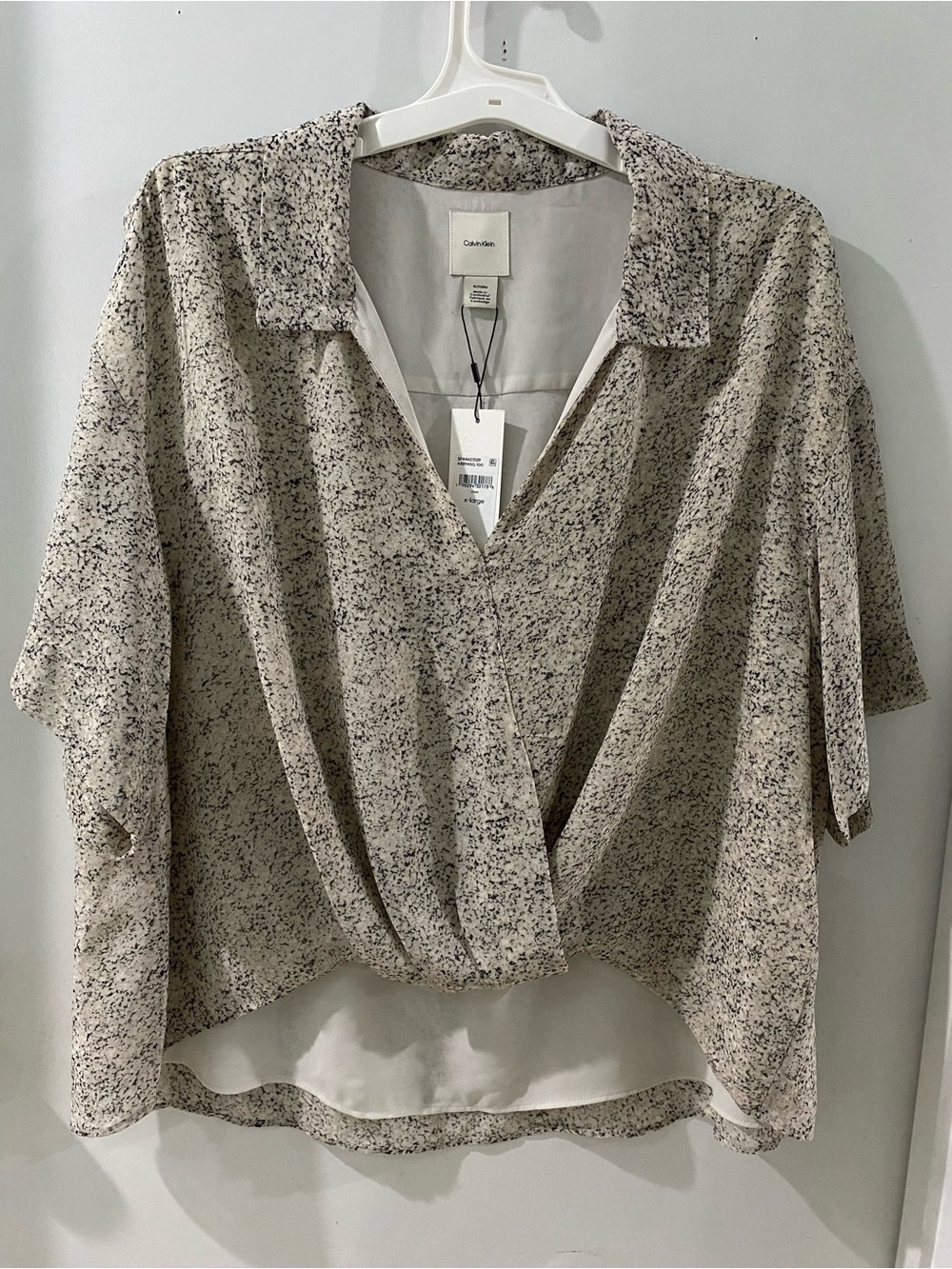 Calvin Klein Speckled Cream and Black Draped V-Neck Blouse, size XL, new!